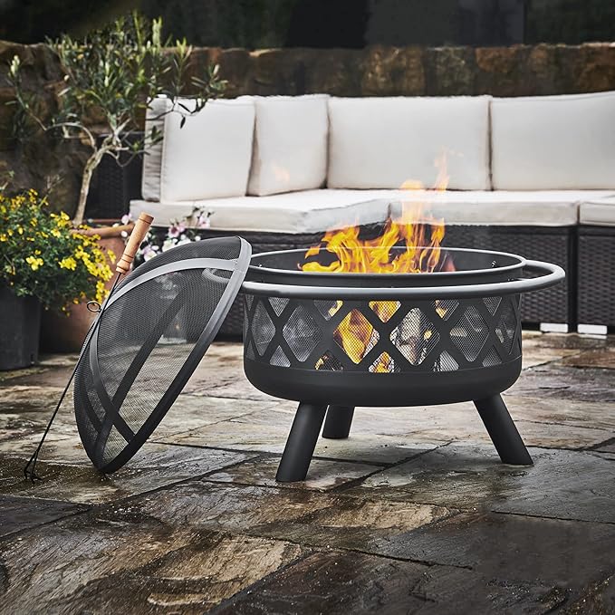 Teamson Home Round Steel Outdoor Fire Pit Outside Wood Burning Firepit Bonfire with Firebowl, Poker, Mesh Screen for Patio Garden Backyard BBQ, 30 Inch, Black
