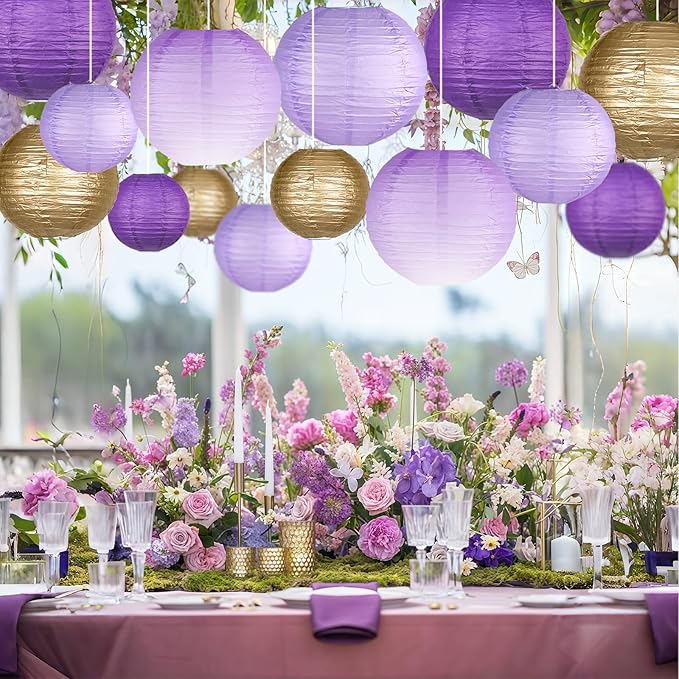 Paper Lanterns Decorative, Gradient Purple Round Hanging Paper Lantern Decorations for Purple Birthday Decorations Bachelorette Gender Neutral Baby Shower, 15Pcs