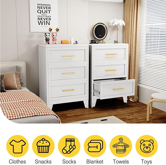 3 Drawers Tall White Dresser for Bedroom, 35.43" Metal Dressers & Chests of Drawers Curved Corner Design, Storage Organizer Drawer Chest with Large Capacity for Living Room, Entryway, Hallway