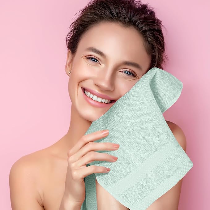GLAMBURG Ultra Soft 12-Piece Washcloths Set 13x13-100% Ringspun Cotton - Durable & Highly Absorbent Face Towels - Ideal for use in Bathroom, Kitchen, Gym, Spa & General Cleaning - Sea Green