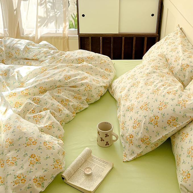 EAVD Yellow Floral Duvet Cover King Size Soft 100% Cotton Soft Botanical Floral Cottagecore Bedding Set with 2 Pillowcases Aesthetic Floral Comforter Set with Zipper Closure
