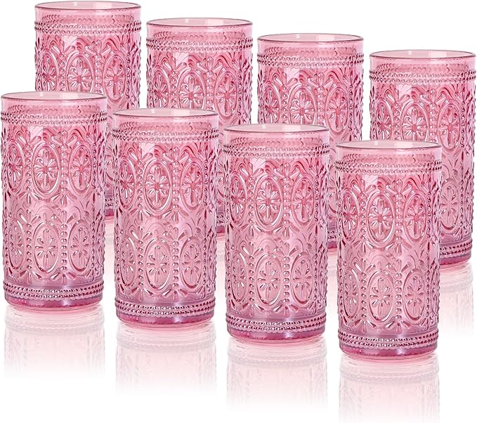 Darlion Pink Drinking Glasses, Highball Glass Cups, Pink Glassware, Drinking Glasses Set of 8, Vintage Water Cups for Party Wedding Gift