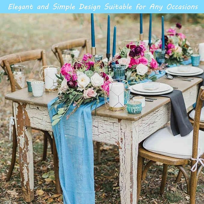 12 Pack 10Ft Cheesecloth Table Runner 35x120 Inch Boho Gauze Table Runner Rustic Cheese Cloth Long Romantic Table Runners for Wedding Bridal Shower Birthday Party Table Decor (Baby Blue)