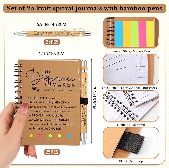 Jetec Inspirational Notebooks Bulk Spiral Notebook with Sticky Notepad Motivational Pens Valentines Day Gifts for for Employee Coworker Nurse Staff Teacher Nurse Volunteer(25 Sets,Difference Maker)