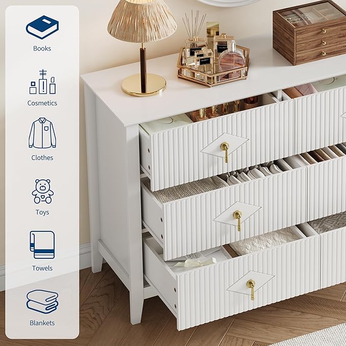 GarveeHome Fluted Dresser for Bedroom, 47.2 Inch Wide 6-Drawer Wood Dresser, Modern Chest of Drawers, Storage Organizer Cabinet for Living Room, Hallway, Entryway, White