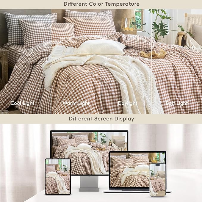 MooMee Gingham Duvet Cover Set 100% Washed Cotton Linen Like Textured Breathable Durable Soft Comfy Modern Checkered Design (Dark Orange Gingham, King 104"x90")