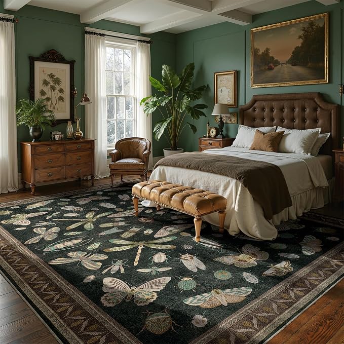 DCX Black 5x7 Washable Bug Rug, Botanical Insect Rug with Non-Slip Rubber Backing, Soft Low-Pile, Stain-Resistant, Kid & Pet Friendly, for Living Room, Bedroom, Office, and Nature-Themed Decor