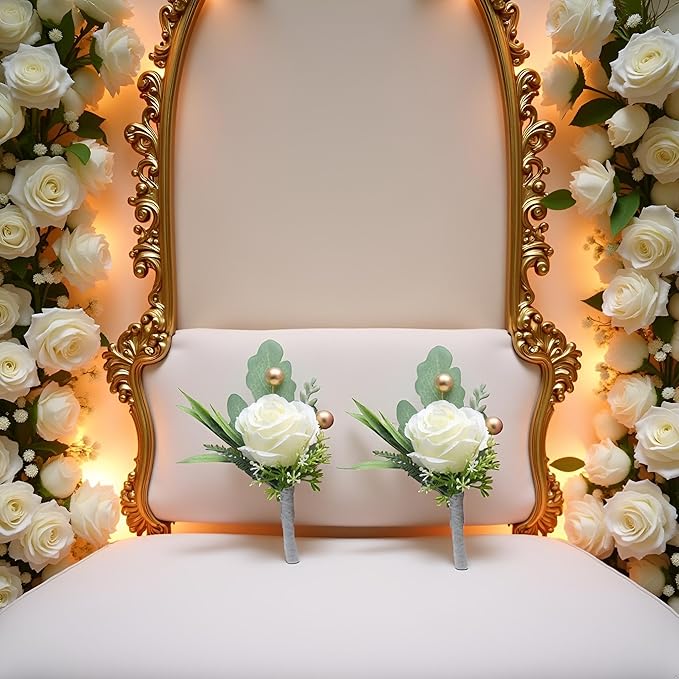 Jowxsx 2Pcs Roses Boutonniere for Men Wedding, Groom Groomsman Artificial White Rose Flowers with pins for Wedding Anniversary Celebration,Prom,Party,Home Decoration Artificial Flowers