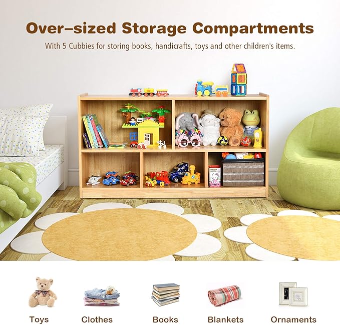Costzon 2-Shelf Bookcase for Kids, Wooden Toy Storage Organizer for Books Toys, 5-Section Freestanding Classroom Daycare Montessori Bookshelf for Preschool, Home Playroom & Kindergarten (Burlywood)
