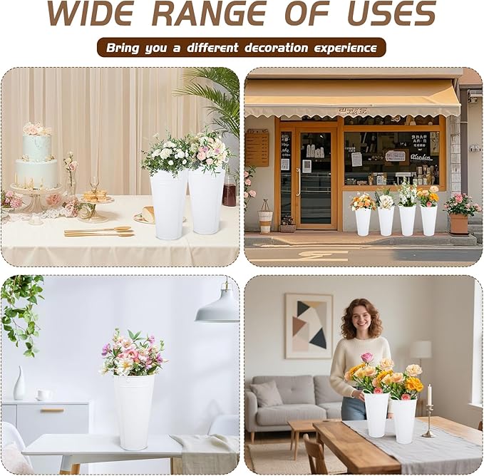 Flower Bucket for Flower Bar, 6 Pcs 10.2 Inch Metal Vases with Handles, Leak-Proof White French Buckets for Valentine's Day, edding Centerpieces, Baby Shower, Mother's Day, Farmhouse Rustic Home Decor