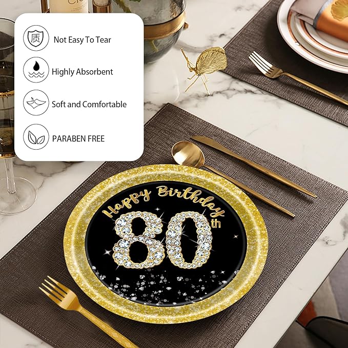 72 Pcs 80th Birthday Paper Plates and Napkins Party Supplies, Back Gold 80th Birthday Party Plates and Napkins Tableware Set for Men Women Cheers to 80 Years Decorations Serves 24
