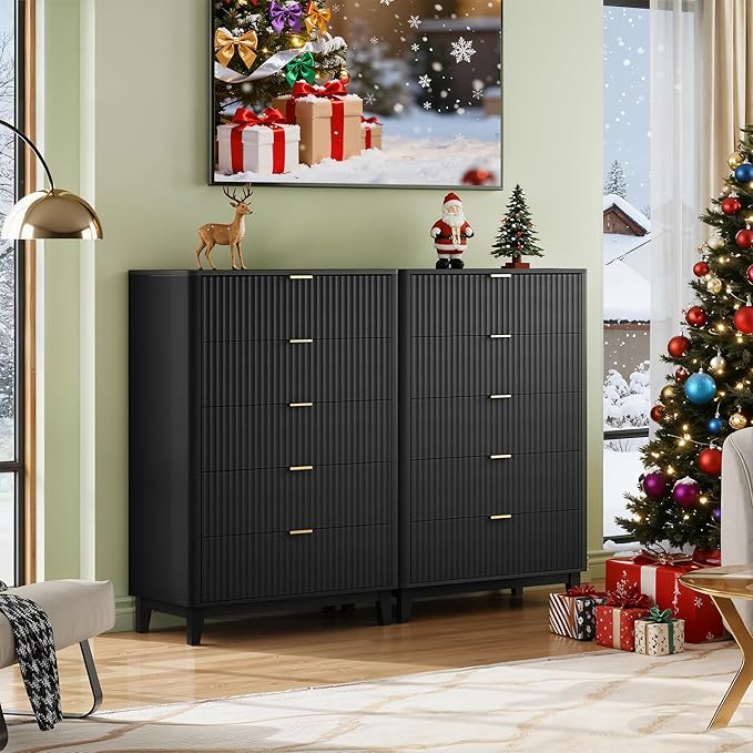 WLIVE Fluted Dresser for Bedroom with 5 Drawers, 46.26" Tall Wooden Dresser with Golden Metal Handles, Mid Century Modern Chest of Drawers for Living Room, Hallway, Closet, Solid Black