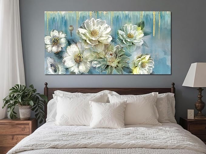 Ardemy Floral Canvas Wall Art for Living Room Large Magnolia White Flowers Teal Picture Bedroom Wall Decor Textured Painting Modern Turquoise Artwork Dining Room Home Office, Extra Large 58"x29"