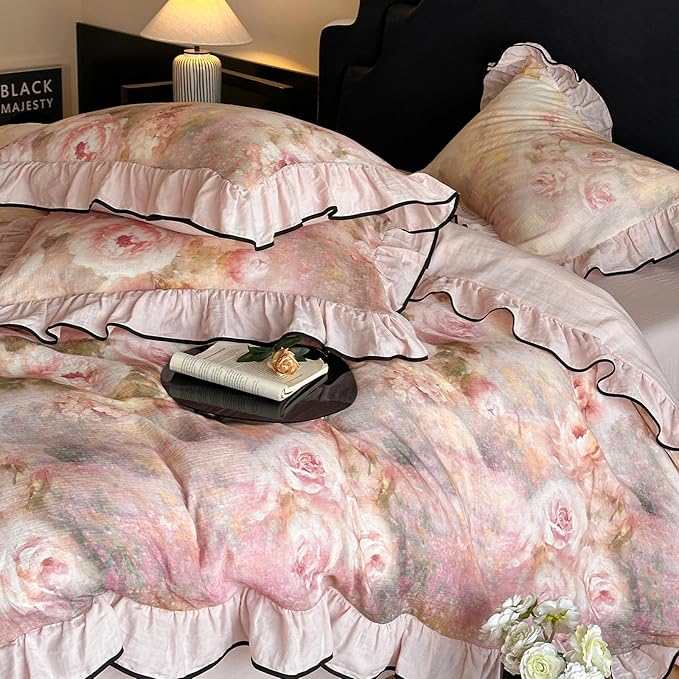 HighBuy Rose Floral Linen Duvet Cover Full Size,Boho Chic Floral Bedding with Ruffle Design, Breathable & Durable Bedding,Farmhouse Cooling Comforter Cover Sets 1 Duvet Cover and 2 Pillowcases