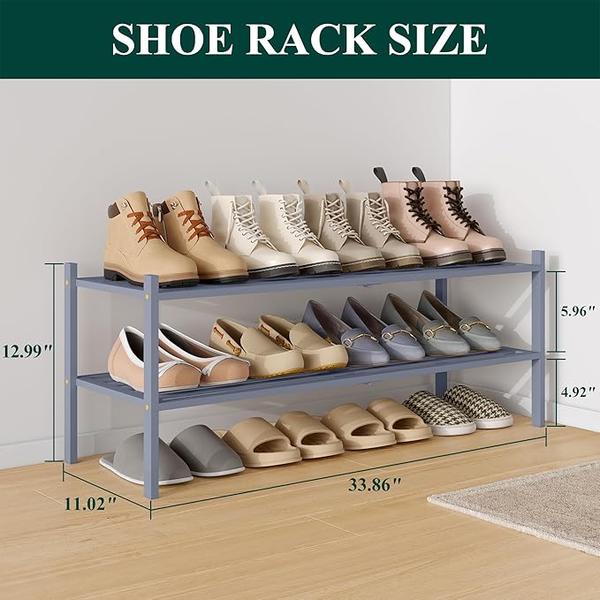 Smiry Long Bamboo Shoe Rack 2-Tier, Stackable Wooden Shoe Organizer for Entryway & Closet, Free Standing Wood Shoe Storage Shelf for Front Door & Small Spaces, Grey