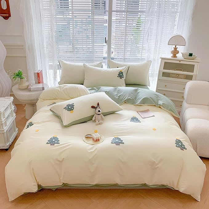 MorroMorn Cotton Duvet Cover Queen Size, Green 3D Embroidery Queen Bedding Sets, Chenille Embroidered Comforter Covers Lightweight Blanket Soft for Girls Boys Kids Teen (Christmas Tree, Full/Queen)
