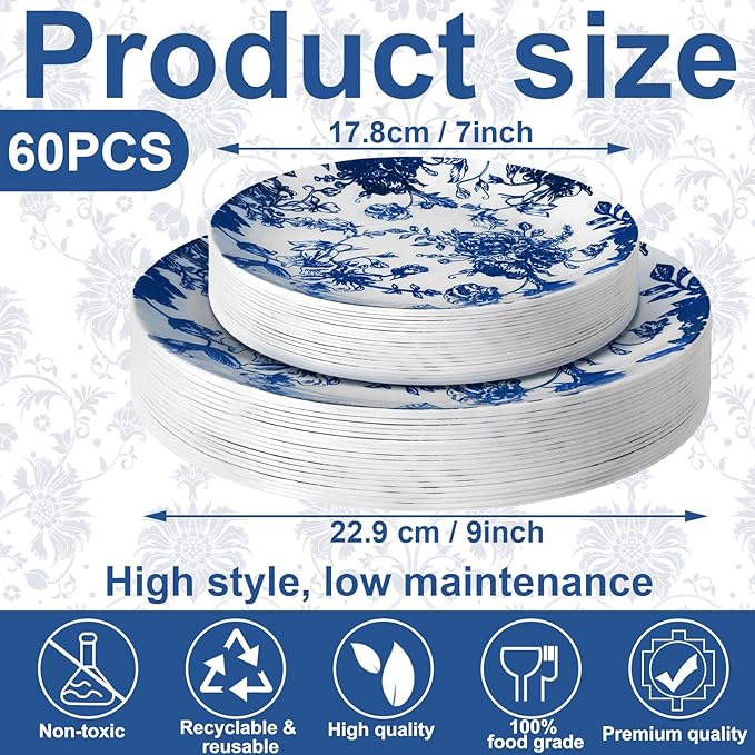 Suclain 60 Pcs Blue Plastic Floral Plates Disposable Heavy Duty White with Blue Floral 9" Dinner Plate and 7" Dessert Plate, Disposable Plastic Plates for Party Birthday Bridal Shower