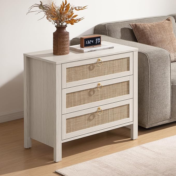 SICOTAS White Nightstand Set 2 with Drawers - Large Rattan Bedside Table with Golden Handle, 3 Drawers Night Stand Tall End Table 26.78" Wide Side Table Boho Nightstand for Bedroom