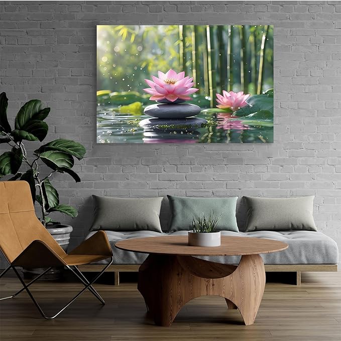 Ethereal pink lotus on obsidian Sunlit bamboo forest with sparkling water drops Poetic nature inspired wall art for tranquil homes and mindful spaces 24x36in Frameless