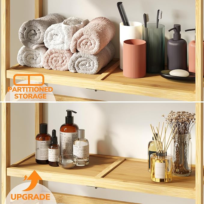 AMBIRD Over The Toilet Storage, 3-Tier Bathroom Organizer Over Toilet with Sturdy Bamboo Solid Shelves, Non-Slip Pads and 3 Hooks, Multifunctional Behind Toilet Shelf Rack, Space Saver (Original)