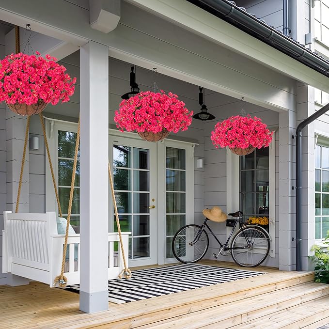 HyeFlora Artificial Flowers for Outdoors Fake Plants Outside Decoration, 12 Bundles Silk Hot Pink Morning Glory UV Resistant Look Real Faux Flowers for Planter Front Door Porch Patio Yard Gardens Home