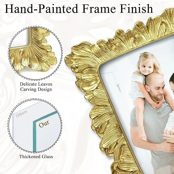 5x7 Vintage Picture Frame Gold, Ornate Leaves Photo Frame with Glass Front, Elegant Picture Frame for Wall or Tabletop Display, Gift ldeas for Home Decor