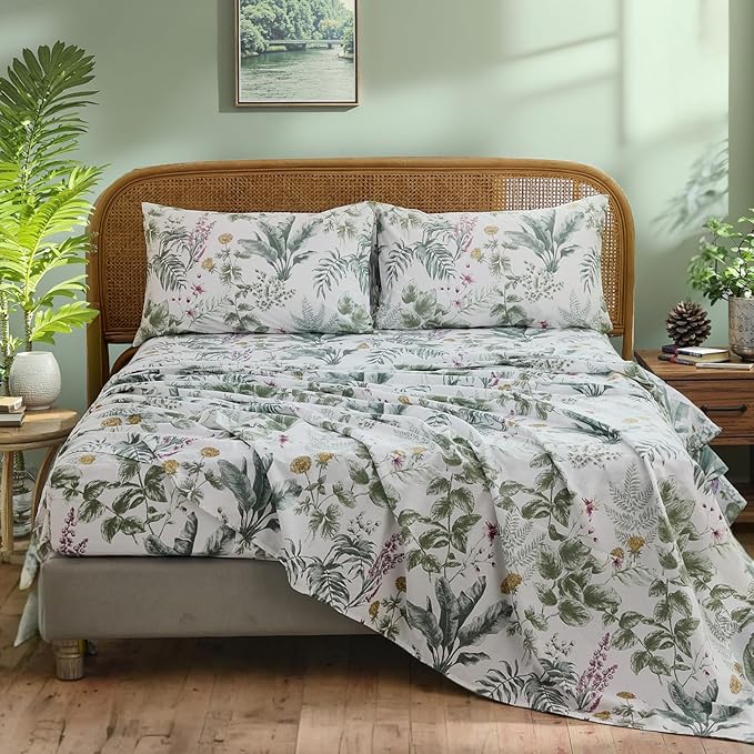 100% Cotton Sheet Set King Size – 4-Piece Vintage Sage Green Floral Bedding Set, Soft Breathable Percale Weave, Deep Pocket Fitted Sheet 17.5", Crisp Cool Feel, Refined Botanical Elegance