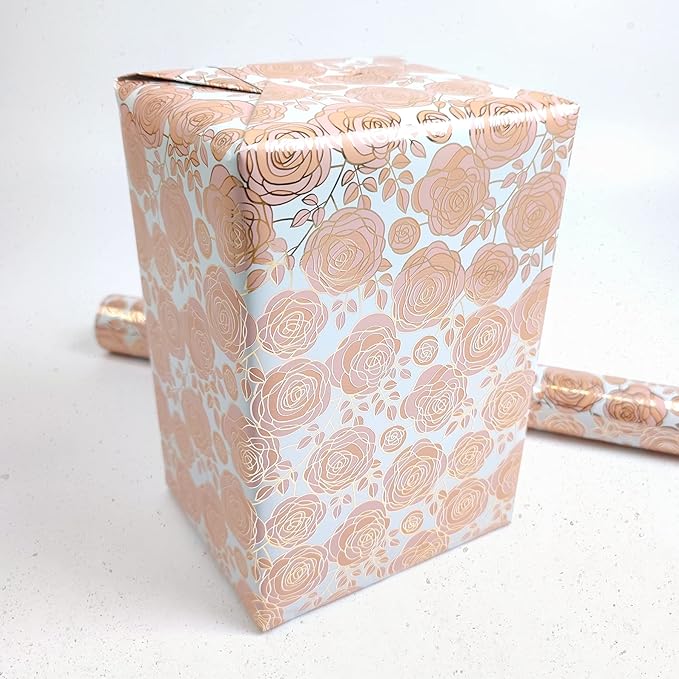 LDGOOAEL Mini Short Small Wrapping Paper Roll (17 Inches X 32.8 Feet) - Pink Rose with Metallic Foil for Holiday, Mothers Day, Birthday, Wedding, Baby Shower