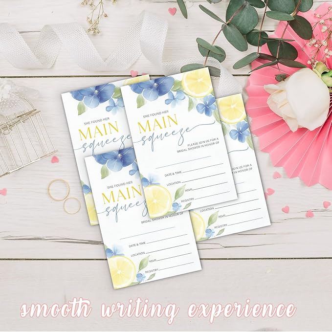 Main Squeeze Bridal Shower Invitations, Set of 25 Lemon Citrus Summer Bridal Shower Invites with Envelopes for Engagement Wedding Party-A10