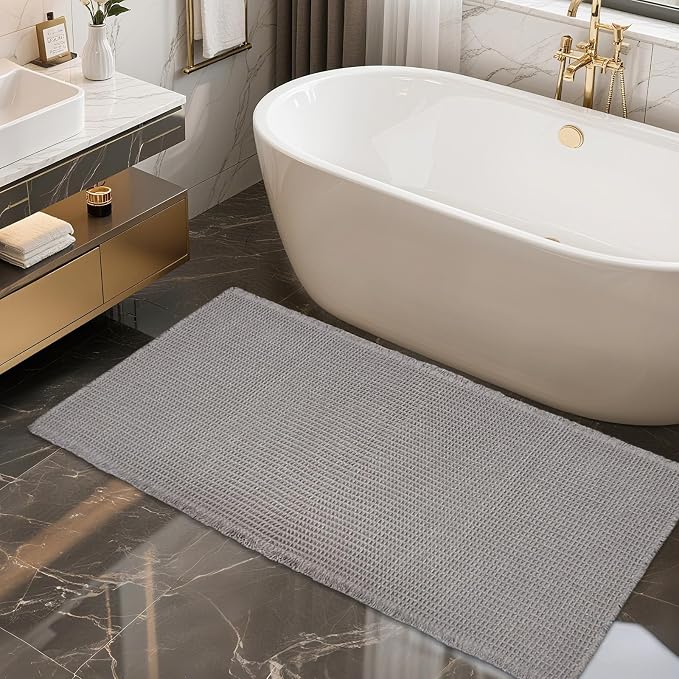 ZALL Grey Waffle Bath Mat,Super Absorbent Non Slip Bathroom Rug,Gray 24x48inch,Machine Washable Ultra Soft Floor Mats
