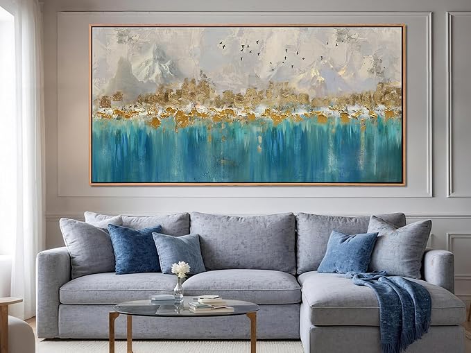 Arjun Framed Abstract Wall Art for Living Room Gold Blue Textured Extra Large Canvas Art Wall Decor Bedroom Painting, Modern Picture Grey Mountain Artwork Home Office Wall Decoration, 58"x29"