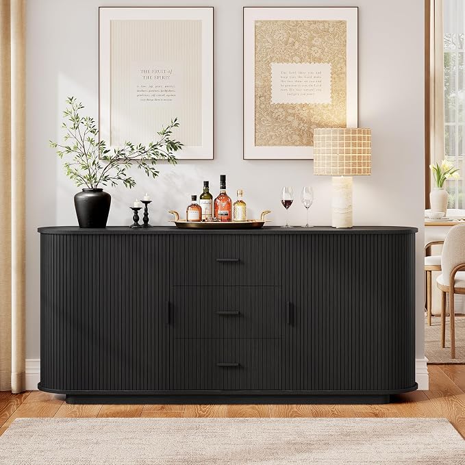 ONBRILL 63" Fluted Sideboard Buffet Cabinet with 3 Drawers & 2 Doors, Mid-Century Modern Buffet Sideboard Cabinet with Storage, Coffee Bar Table with Adjustable Shelf for Kitchen, Living Room, Black