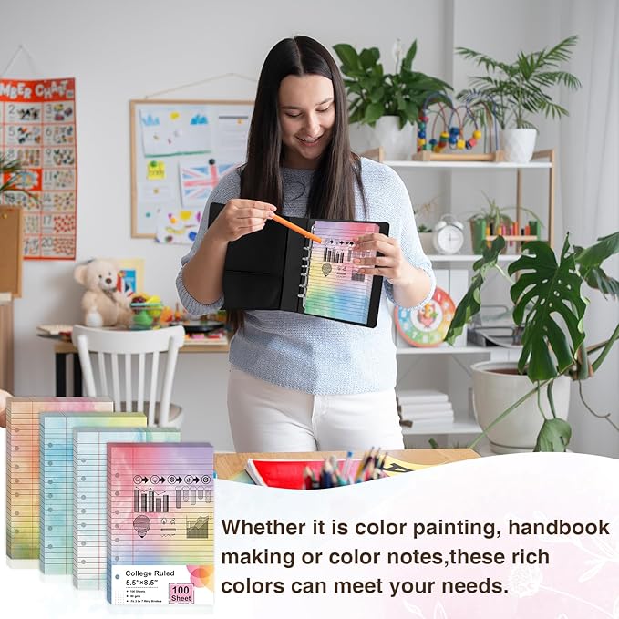 300 Sheet Watercolor Lined Writing Paper 5.5x8.5 Inch 7-Hole Lined Refills Loose Leaf Colored Notebook Filler Paper College Ruled Double Side Printing For 3 Or 7 Ring Binders