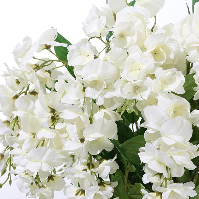 HyeFlora Fake Flowers Indoor Plants, 2Pcs Greenish White Hanging Wisteria Decoration, Light Cream White UV & Fading Resistant, Room Decor for Kitchen Living Room Bathroom Centerpiece Table