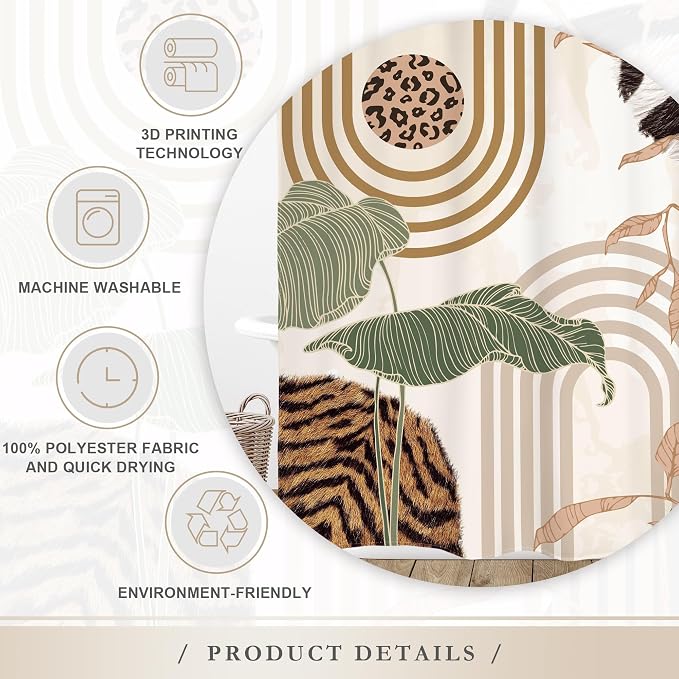 Glawry Green Abstract Shower Curtain Boho Tropical Leaves Palm Leaf Mid Century Minimalist Modern Bathroom Leopard Print Fur 60Wx72L Inches Bath Accessories Art Home Decor Fabric 12 Pack Hook