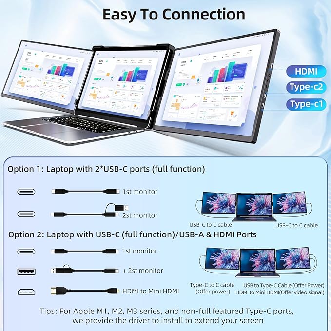 Pitycbo Laptop Screen Extender Monitor Portable - 2.5K Triple Laptop Screen Extender, Plug and Play Multiple Screens Extended Fits 13-17.3 Inch Laptops Compatible with, Windows, Chrome, Dex
