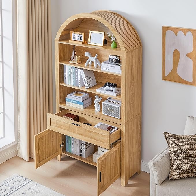 Turtle&Myrtle 73" H Large Arched Bookshelf，5-Tier Arch Bookcase with Doors，Mid Century Modern Book Shelf with Drawers，Wood Bookshelf w/Open Display Shelves for Living Room, Office (Natural, 2 Set)