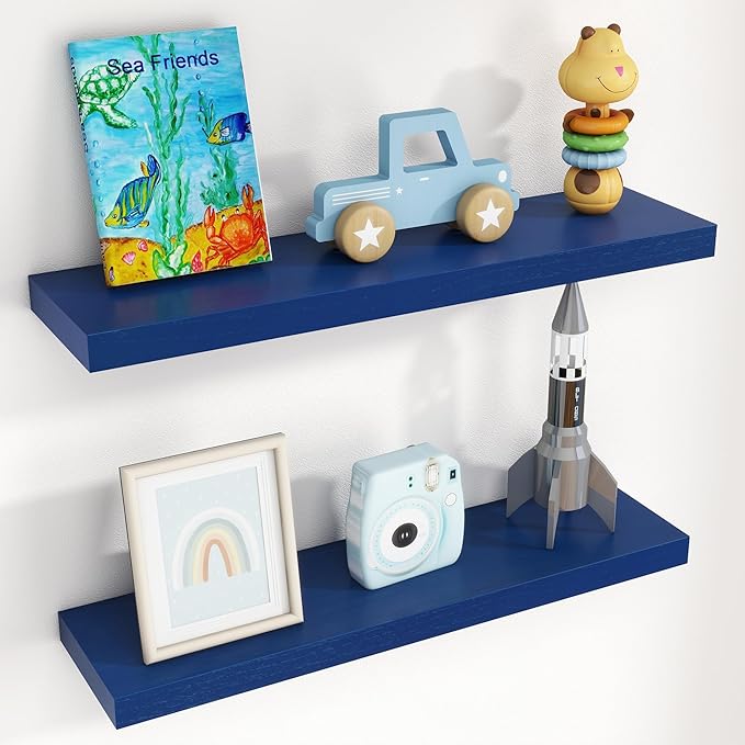 fuqing 30 Inch Floating Shelves, Dark Blue Floating Shelves for Wall Set of 2, 30'' Long Wooden Wall Shelves for Living Room Bedroom Kids' Room Boys' Room - Dark Blue