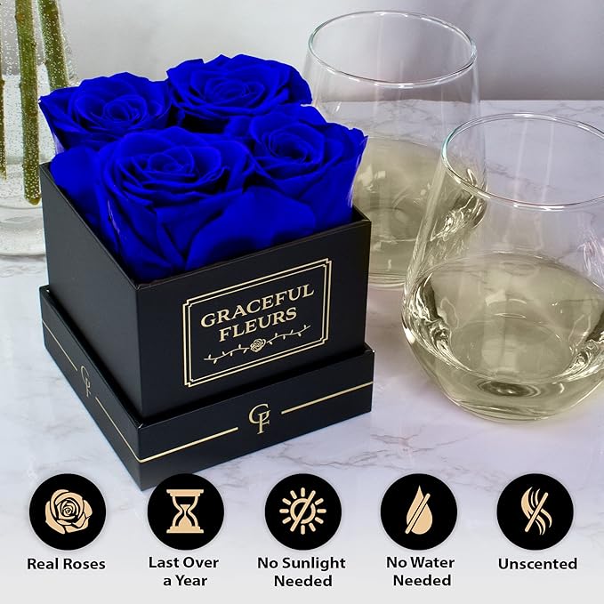 Graceful Fleurs | Real Long Lasting Roses for Years | Preserved Fresh Flowers for Delivery Birthday | Birthday Gifts for Women | Forever Roses in a Box (Blue, Black Box, 4 Roses)