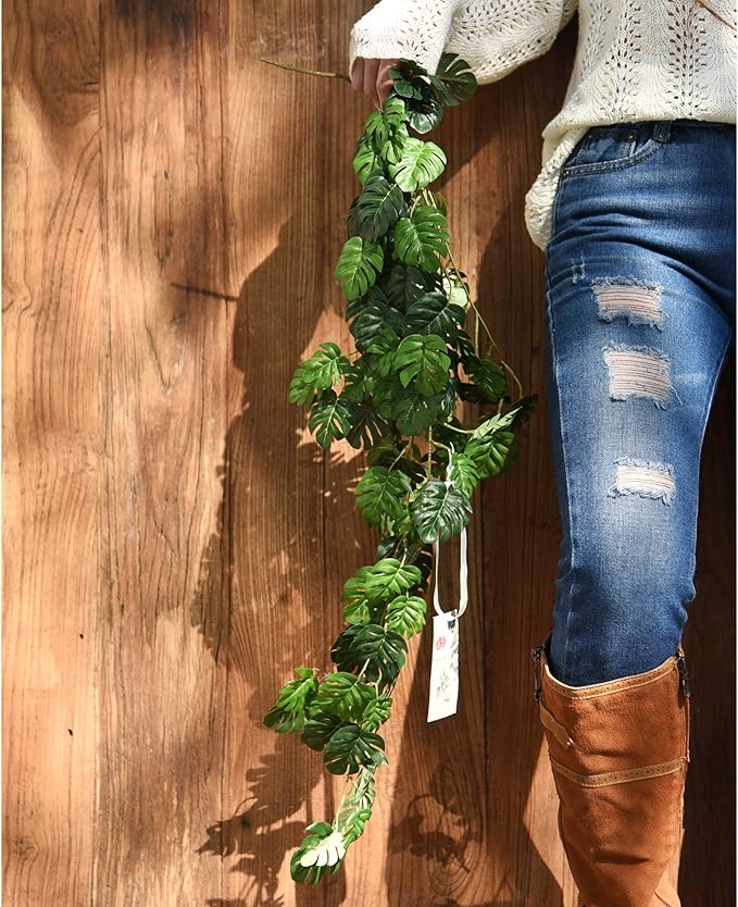 FiveSeasonStuff Monstera Plant Garlands, Artificial Leaf Bendable Vines (2 pcs, 5.2 feet)
