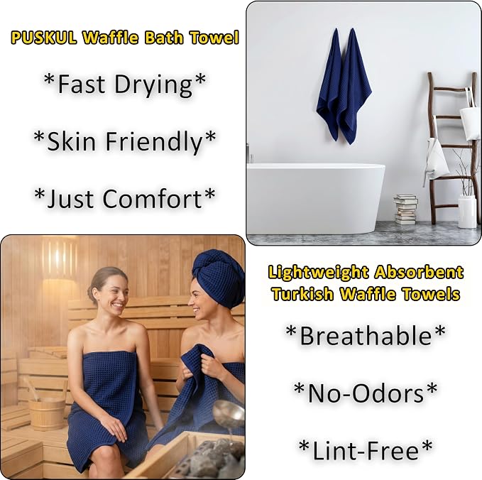 PÜSKÜL Natural 100% Turkish Cotton Navy Waffle Bath Towels Set of 2-Piece | 32x63 Extra Large Absorbent Quick-Dry Lightweight Spa Towel | Luxury Bathroom Towel (Navy Blue Bath Towels - Pack of 2)