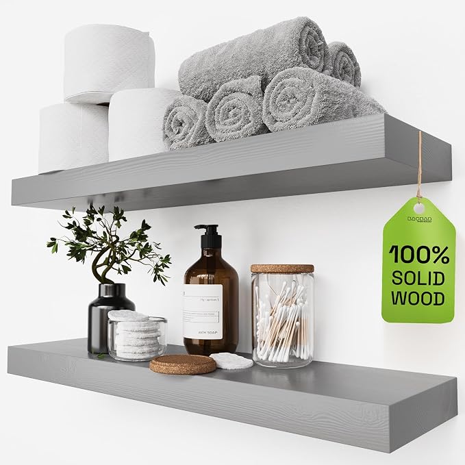 BAOBAB WORKSHOP Wood Floating Shelves for Wall - Rustic Shelf 24 inch - Grey Bathroom Shelves - Solid Wood Shelves for Wall for Bedroom Kitchen Living Room - Gray Shelves - 24 x 6.7 Inch, Set of 2