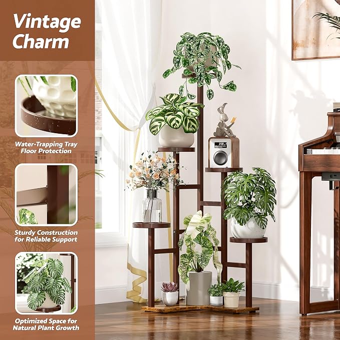 5 Tiered Corner Plant Stand with 7.1 Inch Wide Tray,Tall Plant Stand for Corner Indoor, Metal Plant Shelf Outdoor for Patio Office LivingRoom - BrownDisk