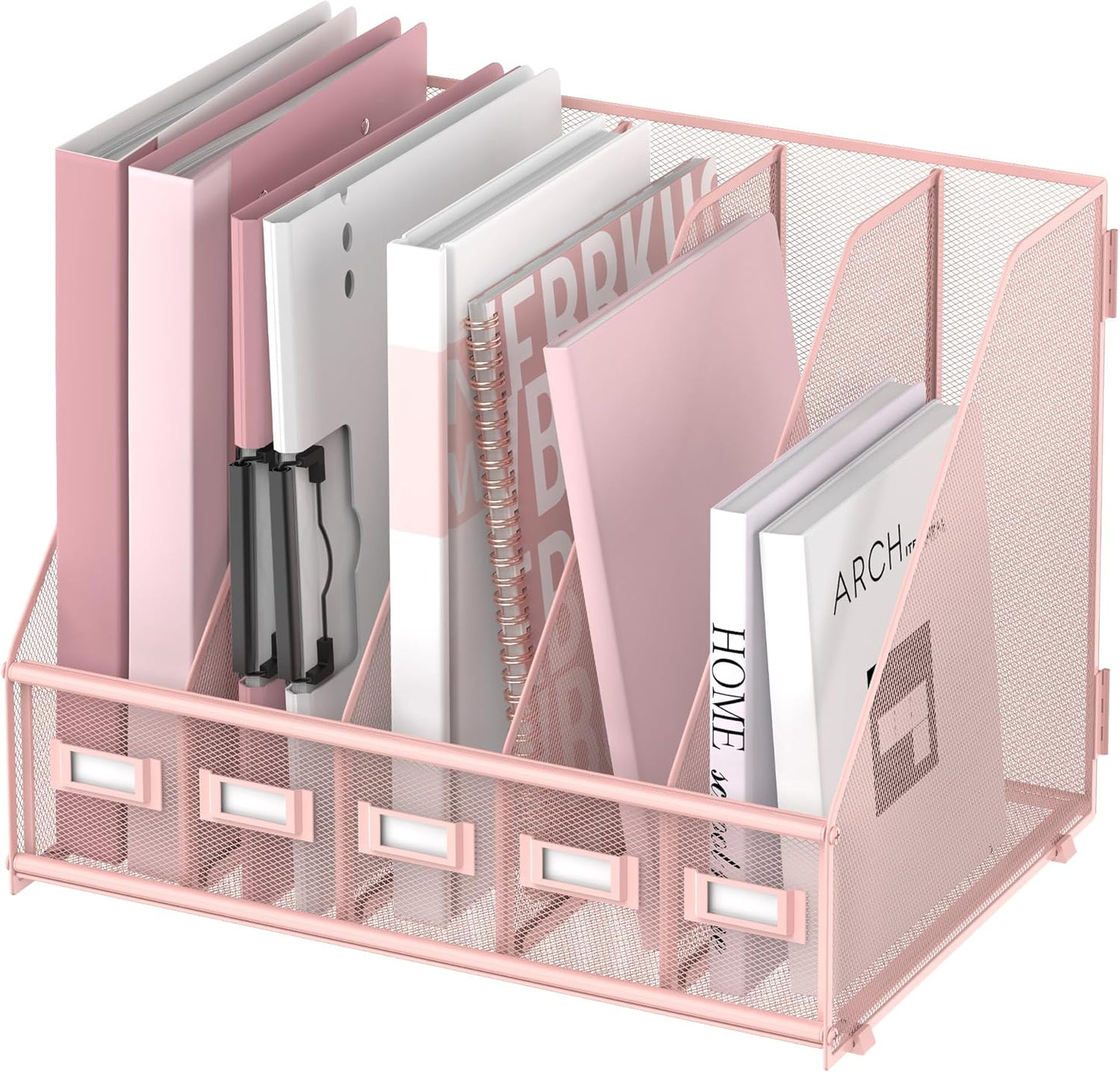 SUPEASY Desk Organizer - Metal Magazine File Holder with 5 Vertical Compartments | Pink for Office & Home