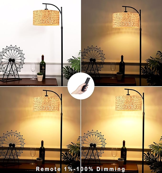 QIYIZM Floor Lamp for Living Room Bedroom Farmhouse Arc Rattan Boho Standing Lamp with Remote Dimmable Black Wicker Bamboo Lamp Shade Floor Light Adjustable Tall Lamp Industrial Floor Lamps Bohemian