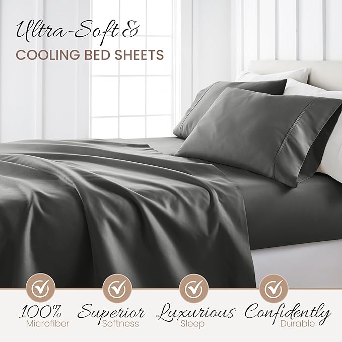 Linen Market Brushed Microfiber Full Sheet Set 4 Piece – Oeko-TEX Certified Ultra Soft & Wrinkle-Free - 16" Deep Pocket Sheets - Easy Care Full Size - Gray