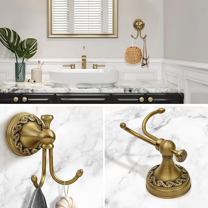 Brass Towel Hook, Antique Brass Bathroom Robe Hooks, Double Rustic Towel Hooks Bath Farmhouse Coat Clothes Hook Wall Mounted for Bathroom Kitchen Washroom Bedroom