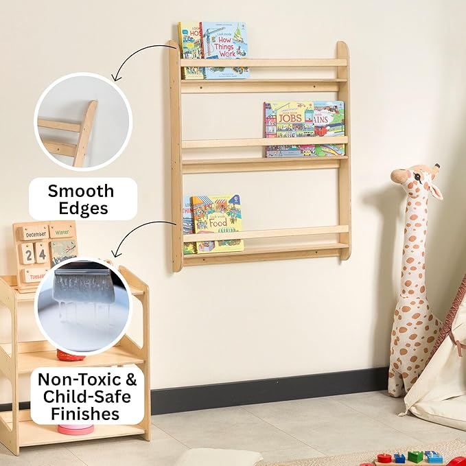 Montessori Wall-Mounted Bookshelf for Toddlers Toy Storage Shelf Organizer for Playroom and Classroom Floor Bookshelves for Kids Room (Natural, XL, 3)