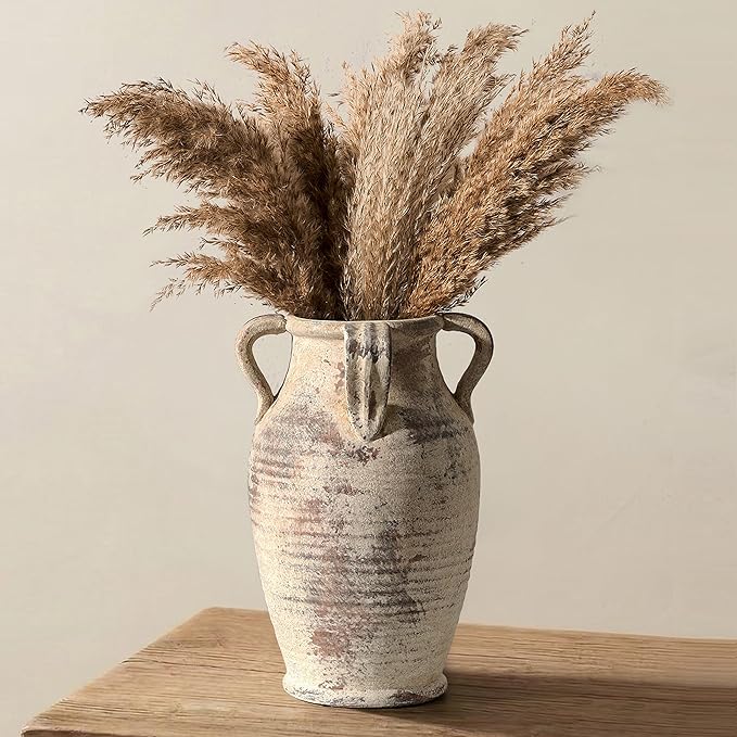 Handmade Ceramic Vase with 4 Handles, 10.83" Tall Farmhouse Rustic Terracotta Flower Vase, Vintage Vases for Home Decor, Wedding, Living Room, Table, Shelf Decor, Neutral