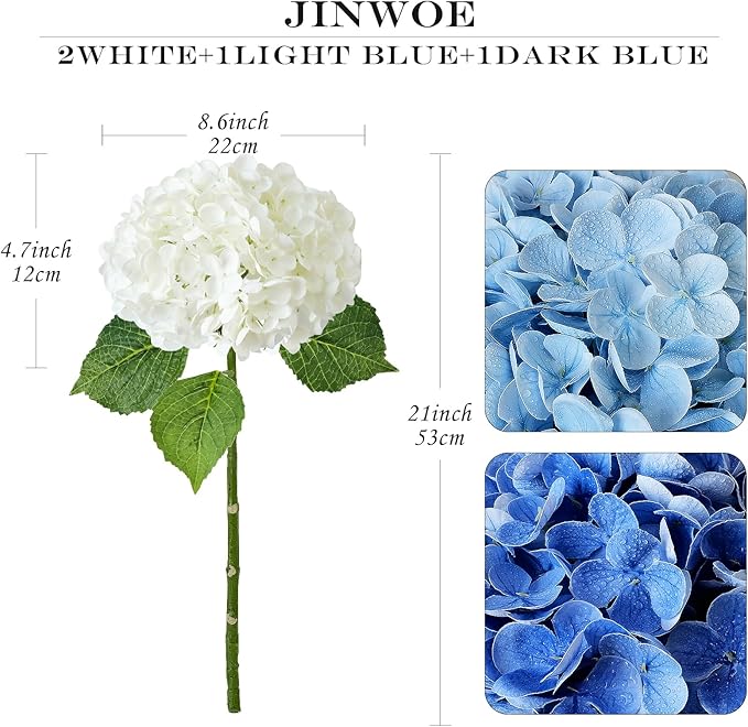 Blue/White Artificial Hydrangeas Silk Flowers, 4Pcs Large Latex Real Touch Lifelike Hydrangea Artificial Flowers,Faux Flowers Bouquet for Halloween Fall Wedding Outdoor Kitchen Table Home